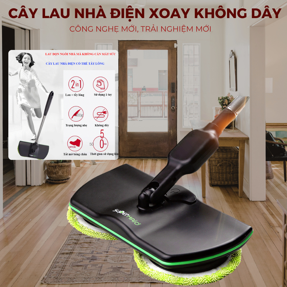 Chổi Điện Lau Nhà Không Dây 2 Đầu Xoay 360 Độ, Máy Lau Sàn Thông Minh Lau Sạch Mọi Ngóc Ngách Tiết Kiệm Sức Lực X578