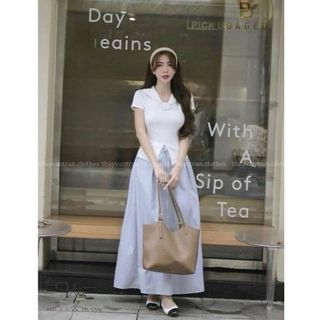 Sét áo cổ kiểu xẻ cộc tay kèm chân váy kẻ dài