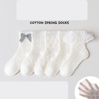 Bộ 5 đôi tất cho bé gái cao cổ màu trắng phối bèo ren đính nơ