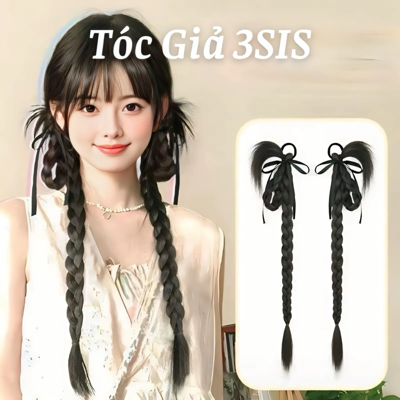 ( ẢNH THẬT ) Bính tóc giả tết kèm nơ ruy băng, tóc giả tết đính nơ vải, tóc tết đuôi tạo kiểu tổ chi