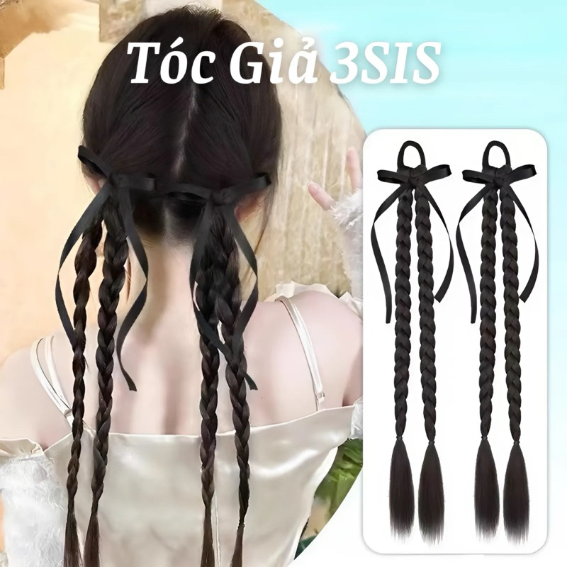 ( ẢNH THẬT ) Bính tóc giả tết kèm nơ ruy băng, tóc giả tết đính nơ vải, tóc tết đuôi ngựa dài 45cm (