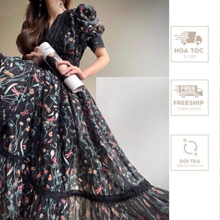 Đầm Thiết Kế In Hoa – Đè Ren Dáng Dài Sang Trọng VH126 Đen
