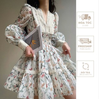 Đầm Thiết Kế Dáng Ngắn In Hoa Ren Tay Dài – Vh128 Trắng