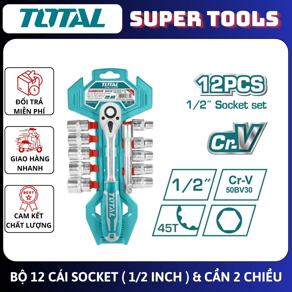 ĐỒ NGHỀ TOTAL Bộ 12 cái socket  (1/2 inch) & cần 2 chiều THT141121 <HÀNG CHÍNH HÃNG>