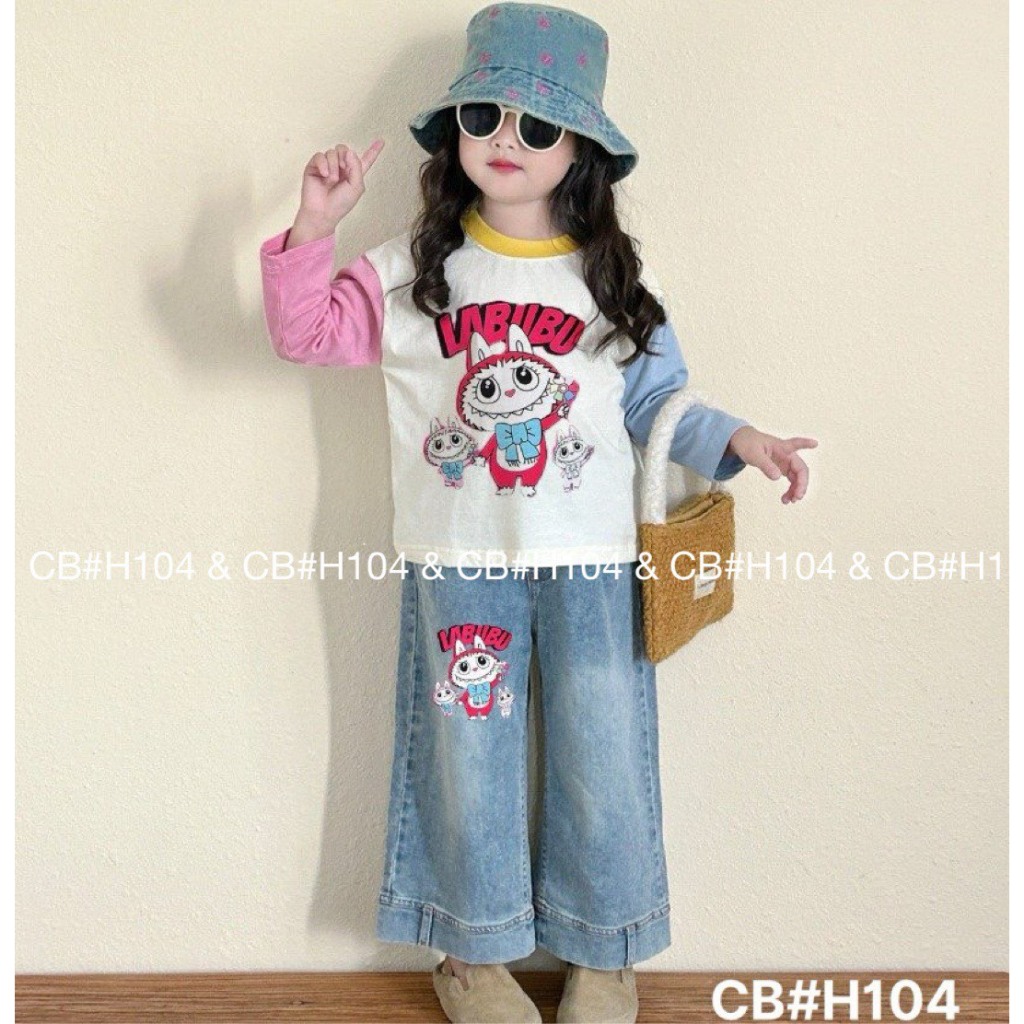 Bộ dài tay cho bé gái, set quần jean suông mềm phối áo cotton dài tay hai màu in hình labubu dễ thương từ 10-30kg Juny