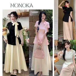 Set đồ nữ áo thun cộc tay xẻ tà cổ nơ xinh xắn + chân váy đầm dài xòe Bộ áo thun tôn eo xẻ tà quần ống rộng T364G MONOKA