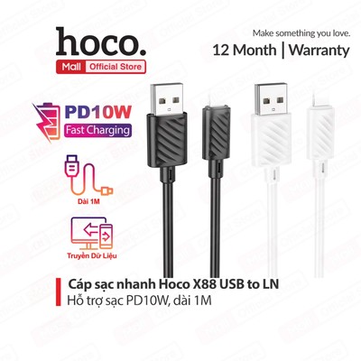 Cáp sạc Hoco X88 sạc nhanh 2.4A USB to IP dây dẻo siêu bền dùng cho ip6/7/8/X/11/12/13/14 dài 100CM