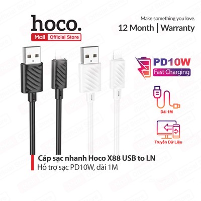Cáp sạc PD10W USB to IP Hoco X88 hỗ trợ truyền dữ liệu dùng cho ip6/7/8/X/11/12/13/14  dài 100CM