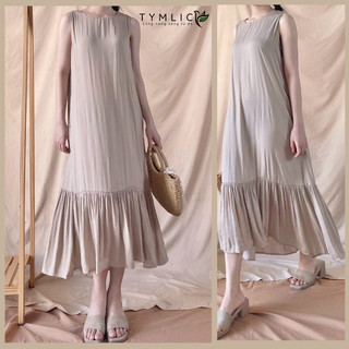 Đầm lụa kiểu dáng midi sát nách phối đuôi cá màu be tymlic d430