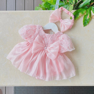   Kèm Turban  Body Chip Dáng Váy Cho Bé Gái Từ Sơ Sinh 3-11kg Màu Hồng Lưới Hoa Phối Organza Hai Lớp 