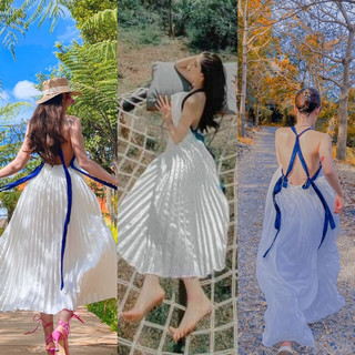 Đầm maxi đi biển maxi dập ly dây xanh