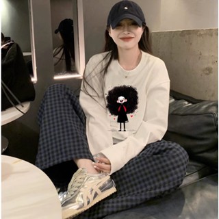 Sét thu đông áo dài tay thun giấy quần dài caro baggy cho nữ Menina_studio, sét quần kẻ dài áo tay dài xược giấy in hình