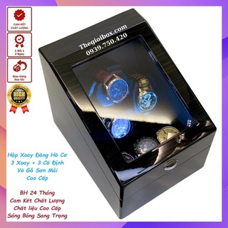 Hộp Lên Dây Cót Đồng Hồ Cơ 3 Xoay + 3 Tĩnh Vỏ Gỗ Màu Rêu Có Đèn LED - Hộp Xoay Đồng Hồ 3 Xoay 3 Cố Định Gỗ Sơn Mài CW188