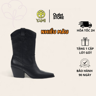 Boot nữ cổ cao, giày boot cao bồi nữ mũi nhọn gót vuông 6cm da thật màu đen - bạc có big size, giày xuất xịn yami