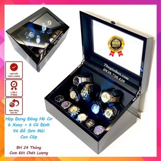 Hộp Đựng Đồng Hồ Cơ 6 Xoay + 6 Tĩnh Vỏ Gỗ Màu Rêu Có Đèn LED - Hộp Đồng Hồ Xoay 6 Ngăn 6 Cố Định Gỗ Sơn Mài - CW189