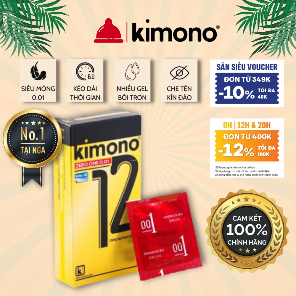 Bao cao su siêu mỏng Kimono màu vàng 0.02 mm không mùi cấp ẩm bôi trơn (hộp 3 & 12 cái bcs) haolo_store