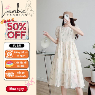 Váy bầu, đầm bầu thời trang LAMBIE dáng babydoll họa tiết hoa xinh xắn, tơ 2 lớp mặc đi làm đi tiệc thoải mái