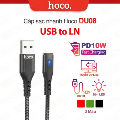 Cáp sạc PD10W USB to IP Hoco DU08/DU08 Plus dùng cho ip7/8/X/11/12 có đèn LED dài 1m/2m