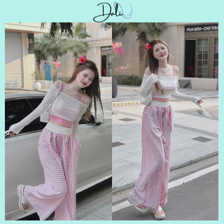Set Bộ 3 Món Cá Tính Gồm Áo Trễ Vai Croptop Dài Tay Mỏng + Áo 2 Dây + Quần Ống Rộng Kẻ