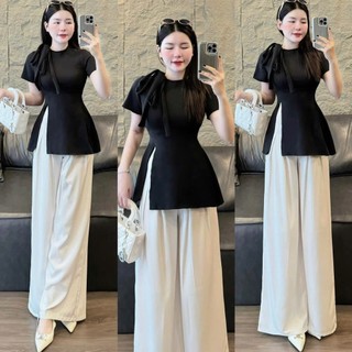 [8.8 Sales Freeship] Set áo thun màu đen cổ tròn xẻ tà cột nơ vai mix quần suông ống rộng màu trắng dx