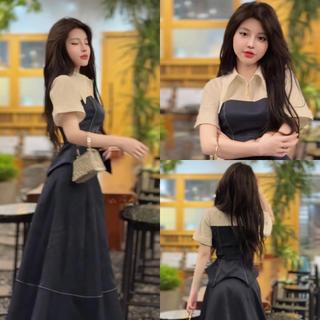 Set áo sơ mi phối đai kèm chân váy xoè dài K64