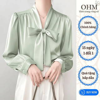 [ MUA 1 ÁO TẶNG 1 VÁY] Áo sơ mi nữ cổ nơ phong cách công sở chất vải lụa dịu mát mùa hè 2024 OHM AO20