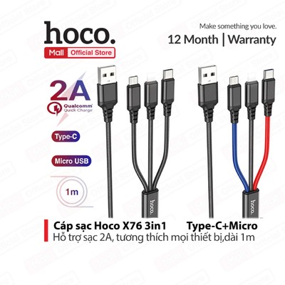 Cáp sạc 3in1 Hoco X76 2.0A USB dành cho Smartphone/Android/ip dây dù siêu bền dài 100cm