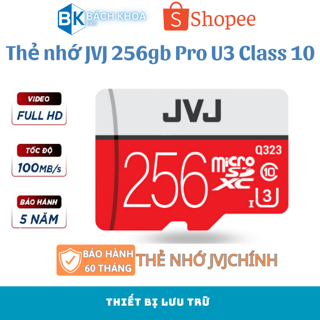 Thẻ nhớ 256Gb JVJ Pro U3 Class 10–thẻ nhớ chuyên dụng cho CAMERA,Điện thoại,Máy ảnh bảo hành 5 năm