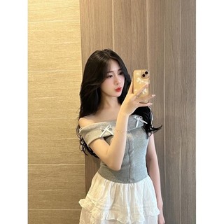 Áo kiểu trễ vai đính 2 nơ