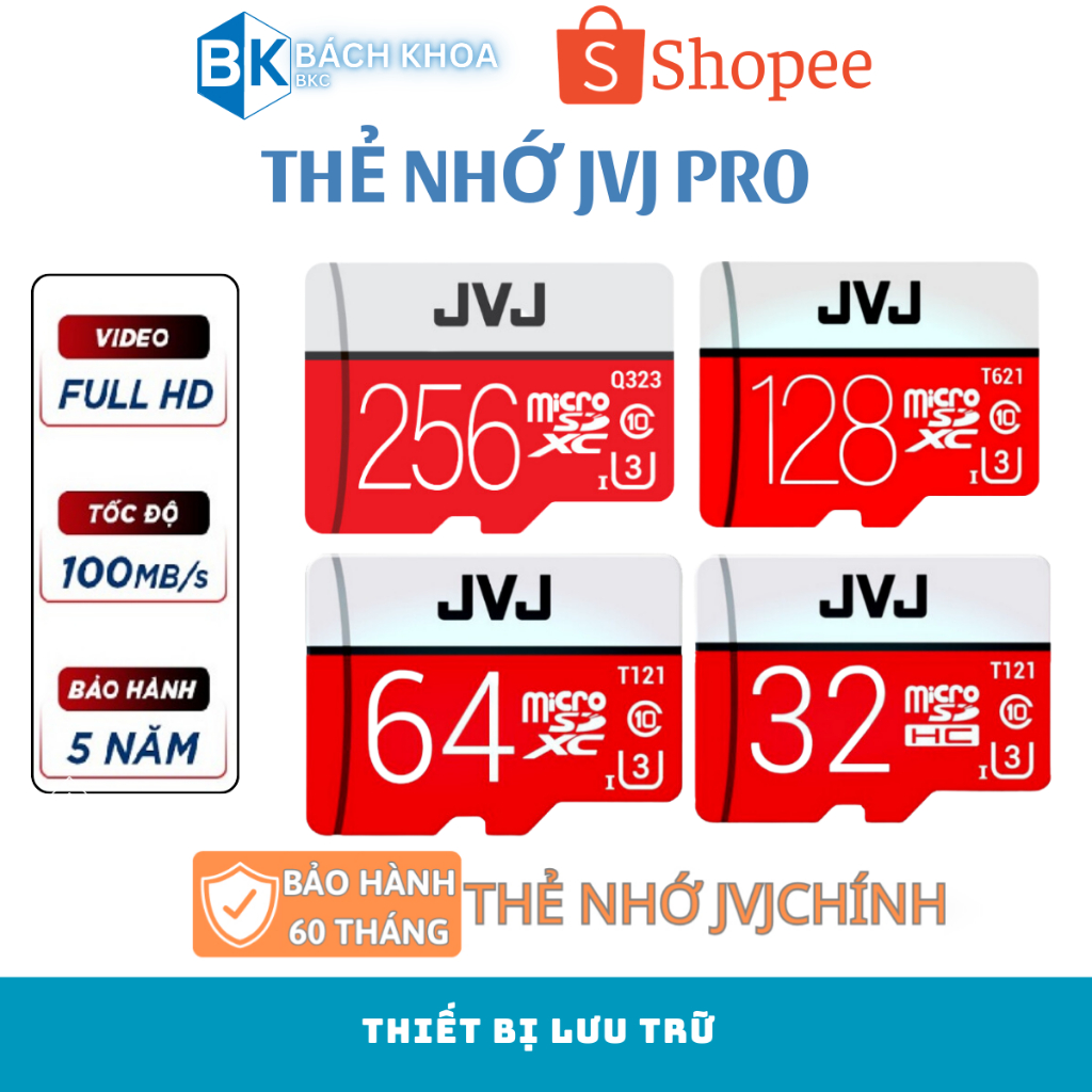 Thẻ nhớ 256Gb /128Gb /64Gb /32Gb JVJ Pro U3 Class 10–thẻ nhớ chuyên dụng cho CAMERA,Điện thoại,Máy ảnh bảo hành 5 năm