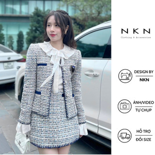 Set dạ tweed, set dạ NKN Amina FW23 màu xanh xước, thiết kế khâu viền len, chất dạ tweed cao cấp.