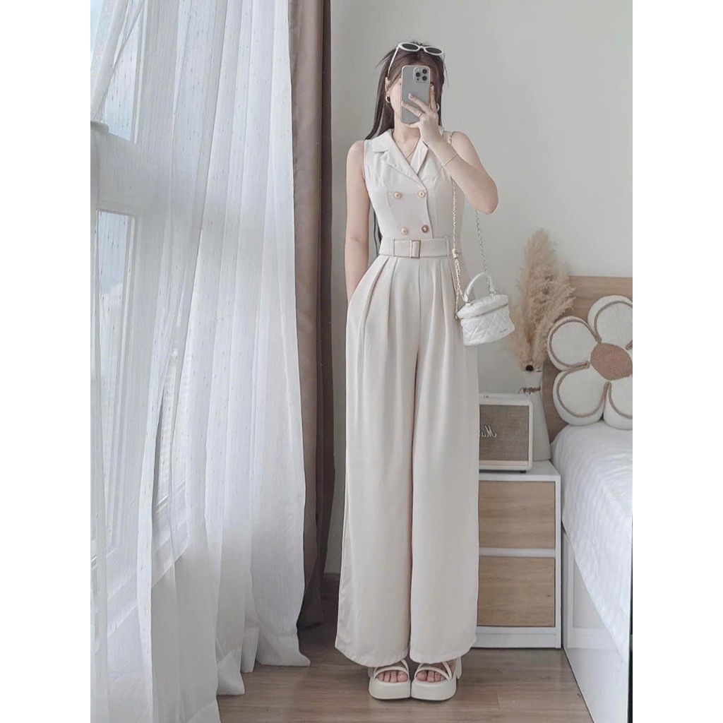Jum thời trang nữ,jum cổ vest sát nách quần ống rộng kèm đai eo sang chảnh dx