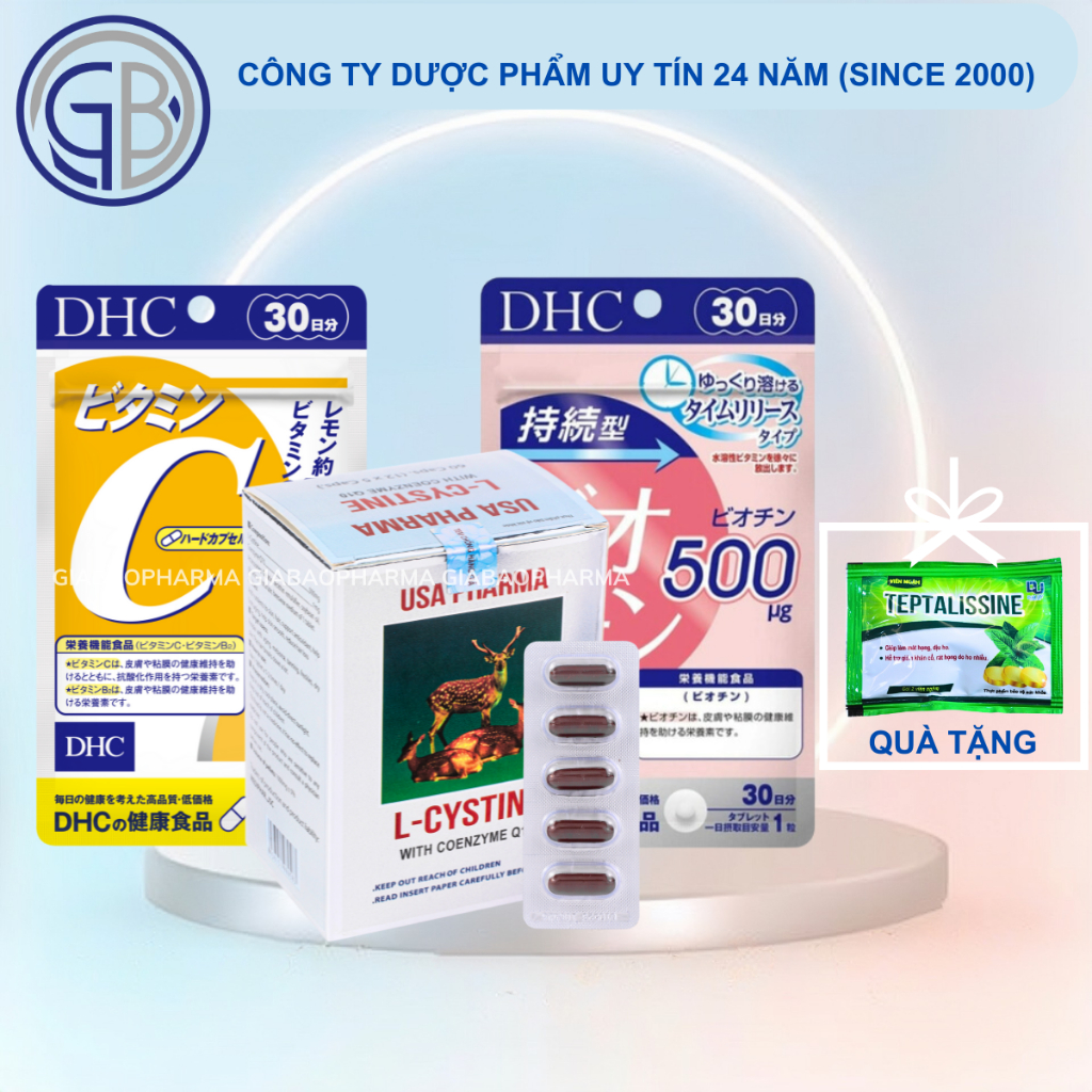 COMBO làm đẹp da, mọc tóc, giảm rụng tóc hiệu quả L cystine 500mg,  Biotin DHC, Vitamin C DHC, liệu trình 1 tháng