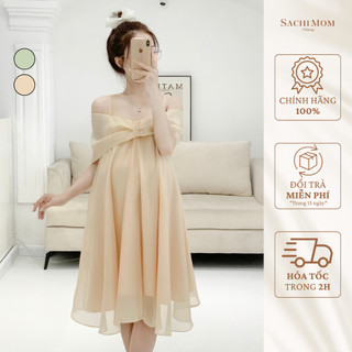 Đầm bầu sachimom - váy bầu hai dây nơ tơ organza cao cấp joyce dress