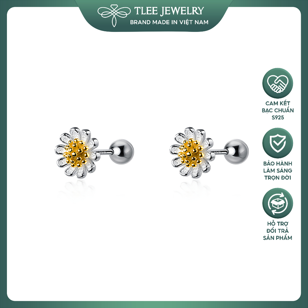 Khuyên tai bạc nữ TLEE hoa cúc nhị vàng mini xinh xắn chốt bi vặn TLEE JEWELRY B0127