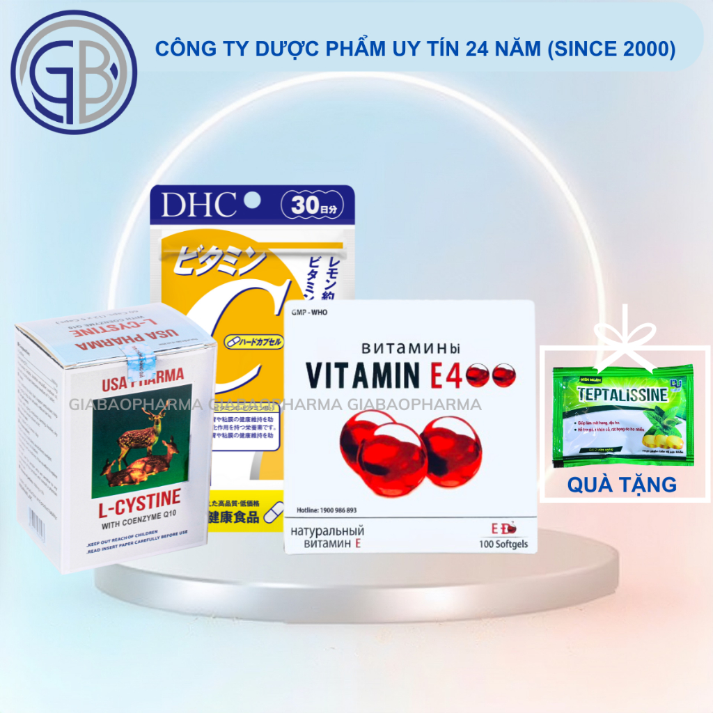 COMBO mọc tóc, chống lão hoá da, cải thiện nội tiết tố L cystine 500mg, Vitamin E đỏ, Vitamin C DHC, liệu trình 1 tháng