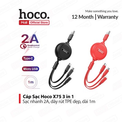 Cáp Sạc Hoco X75 3in1 dành cho Smartphone/Android/ip thiết kế dây rút đa năng tiện tương thích tốt