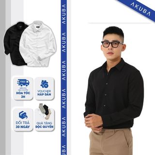 Áo sơ mi nam cổ trụ AKUBA tay dài công sở dáng ôm, vải lụa không nhăn, thấm hút mồ hôi tốt 01AB2044