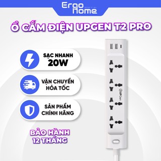 Ô cắm điện đa năng UPGEN T2 PRO có cổng sạc USB và cổng Type C sạc nhanh 20W cho điện thoại. 4 ổ cắm chịu tải 2500W/ dây