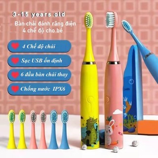 Bàn chải đánh răng tự động cho bé 4 chế độ, bàn chải đánh răng điện, kèm 6 bàn chải, CÓ BẢO HÀNH