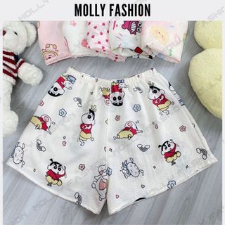 Quần đùi ngủ mặc nhà chất Đũi xốp PINK BLACK Freesize 38-60kg ❤️ Quần short nữ họa tiết dễ thương Molly Fashion