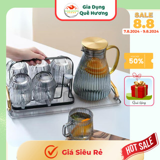 Bộ bình thủy tinh pha lê chịu nhiệt sang trọng, bình đựng nước thủy tinh chịu nhiệt có quai cầm