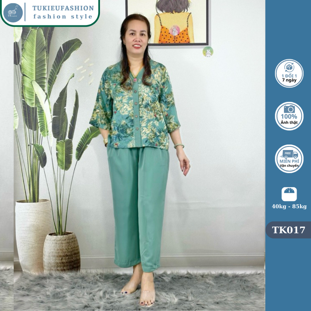 Bộ quần áo trung niên - Bộ mặc nhà trung niên lụa MANGO ống rộng cho người già người lớn tuổi TK017