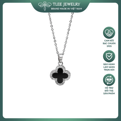 Dây chuyền bạc nữ TLEE mặt cỏ bốn lá hai mặt đen trắng viền đính đá lấp lánh TLEE JEWELRY D0316