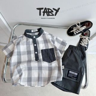  Set sơ mi cổ tàu phối kẻ màu ghi TABY KIDS phong cách Hàn Quốc, lịch lãm tone màu nhã nhặn cho bé từ 9-25kg B277