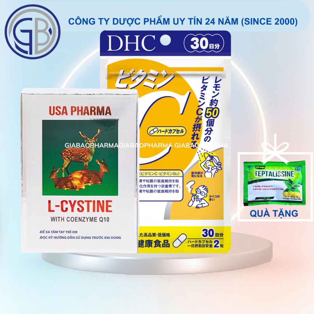 COMBO L cystine 500mg + Vitamin C DHC hỗ trợ trắng da và giảm rụng tóc, giảm mụn (L cystine 60; Vit C gói 30 ngày)