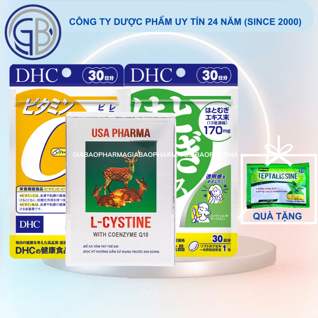 COMBO làm trắng da, giảm thâm mụn, mọc tóc L cystine 500mg 60v , Vitamin C DHC 60v , Viên trắng da DHC 30v