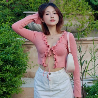 Áo Croptop Ôm Tay Dài Thun Gân, Phối Nơ Cột, Thiết Kế Viền Bèo Trẻ Trung - Maybi Chính Hãng