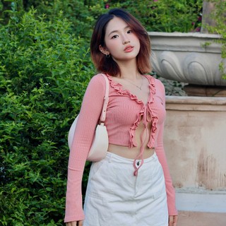 Áo Croptop Ôm Tay Dài Thun Gân, Phối Nơ Cột, Thiết Kế Viền Bèo Trẻ Trung - Maybi Chính Hãng