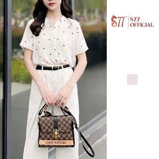 Áo sơ mi nữ cổ tàu nẹp trụ màu trắng in đuôi tôm S77.SP004876.1
